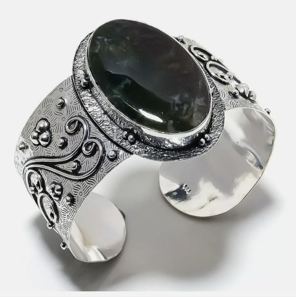 New Indian Moss Agate 925 Silver Cuff Bracelet. - Picture 2 of 16